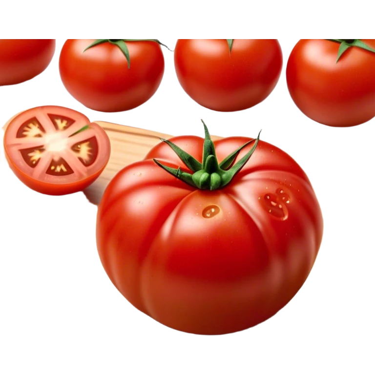 Cinematic juicy ripe tomatoe, deep red, slightly dewy, arranged on a wooden cutting board, soft glowing background, rich and flavorful. emoji
