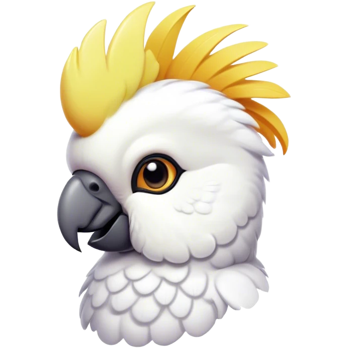 Cinematic Cute Cockatoo Portrait Emoji, Head tilted playfully and inquisitively, featuring a charming, fluffy form with a vividly colored crest, round, sparkling eyes full of playful wonder, and a soft, curved beak, Simplified yet irresistibly adorable features, highly detailed, glowing with a warm, inviting tropical glow, high shine, affectionate and lively, stylized with a touch of whimsical avian charm, soft glowing outline, capturing the essence of a mischievous yet loving cockatoo that seems as if it could flutter out of the screen into your arms! emoji