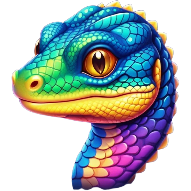 Cinematic Cute Monitor Lizard Portrait Emoji, Head tilted playfully and inquisitively, with a sleek, patterned body accented by vibrant hues and round, sparkling eyes full of wonder, Simplified yet irresistibly adorable features, highly detailed, glowing with a warm, friendly glow, high shine, affectionate and lively, stylized with a touch of exotic charm, bright and endearing, soft glowing outline, capturing the essence of a mischievous yet captivating lizard that seems as if it could scuttle out of the screen into your arms! emoji