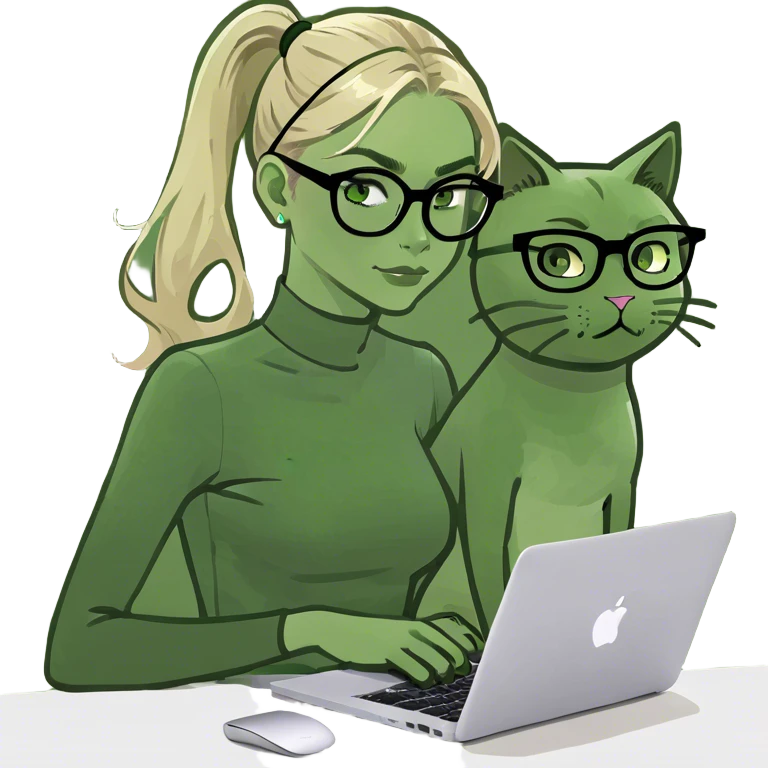 Blonde girl ponytail green eyes with macBook and a cat emoji