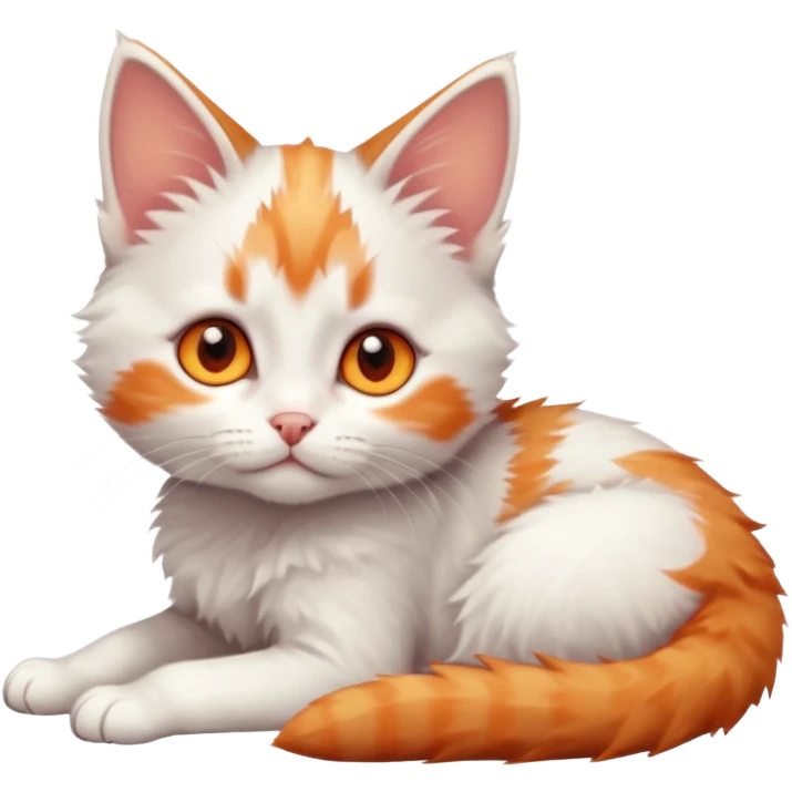 full body of very small + skinny ginger and white kitten with deep orange eyes and triangular shaped face lying down emoji