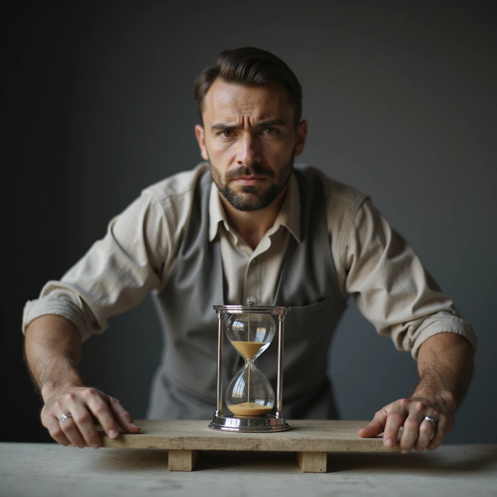 man weighing himself on a scale, disappointed face, next to him an hourglass slowly running, symbolizing metabolism, 4K details emoji