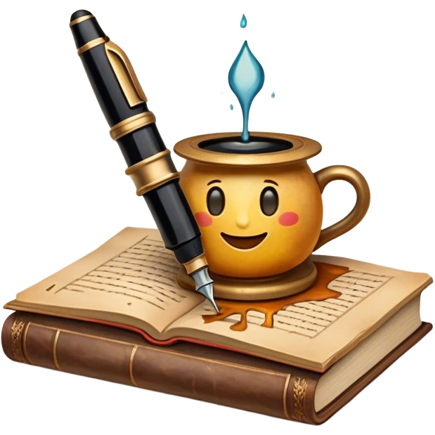 Create a vibrant emoji representing prose writing with an old-style, antique look. The design should include semi-turned pages of an old book with unfinished prose written on them. Add a vintage ink inkwell and a classic fountain pen or quill with black ink. Use warm, earthy tones like deep browns, golds, and creams for the book and ink bottle, with subtle ink splatters for an artistic touch. The overall style should evoke a sense of timeless storytelling and literary craftsmanship. Make the background transparent. emoji