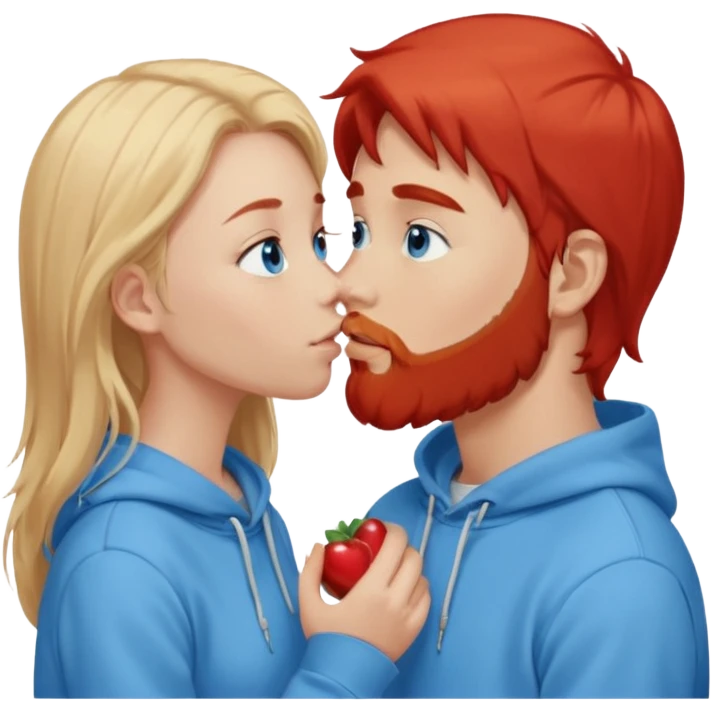 Long-pale-blonde hair, beautiful girl with blue eyes-wearing a light blue hoodie, facing, kissing red-brownish hair-beard boy blue eyed white guy emoji