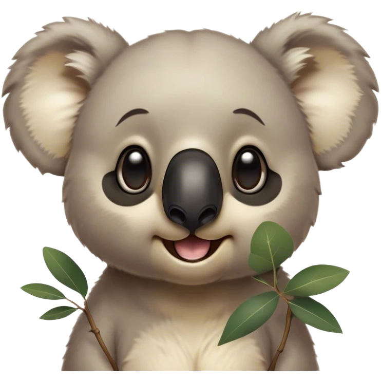 Cinematic Comical Koala Portrait Emoji, Head tilted dramatically with an exaggeratedly amused expression, featuring a quirky grey fur with a comically large black nose and wide, expressive eyes filled with playful disbelief, Simplified yet hilariously expressive features, highly detailed, glowing with a slightly sassy glow, high shine, dramatic yet playful, stylized with an air of cheeky eucalyptus mischief, bright and endearing, soft glowing outline, capturing the essence of a spirited and over‐the‐top koala, so meme‐worthy it feels like it could hug its way into internet fame instantly! emoji