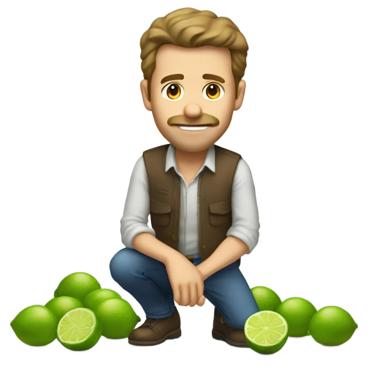 The same white man with brown hair bending down to pick up many fallen limes on the floor . No facial hair please emoji