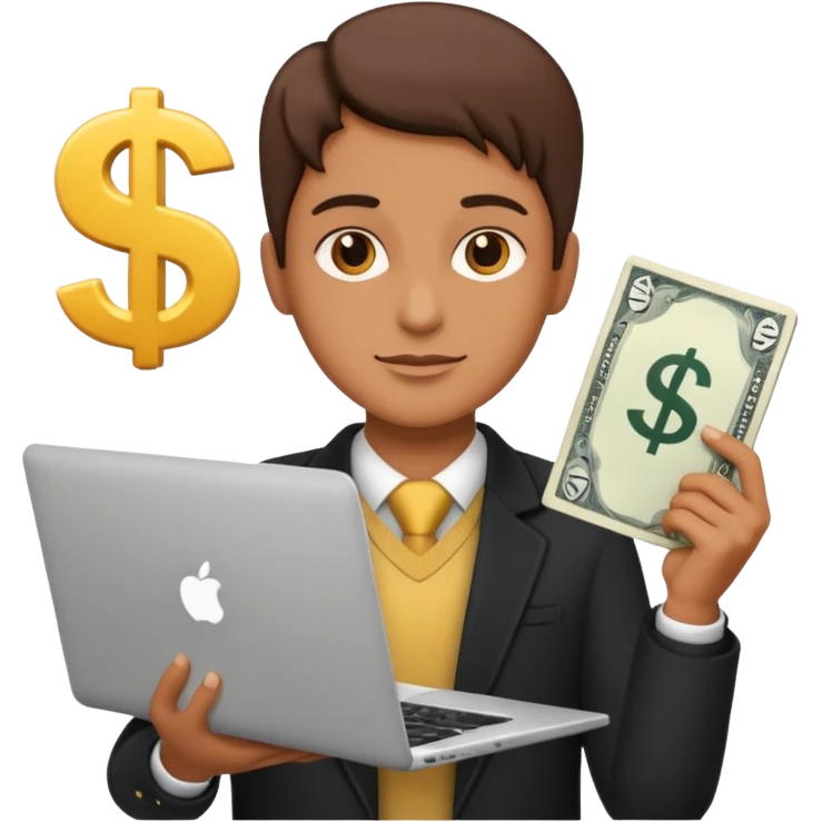 A confident person holding a laptop and dollar sign emoji emoji