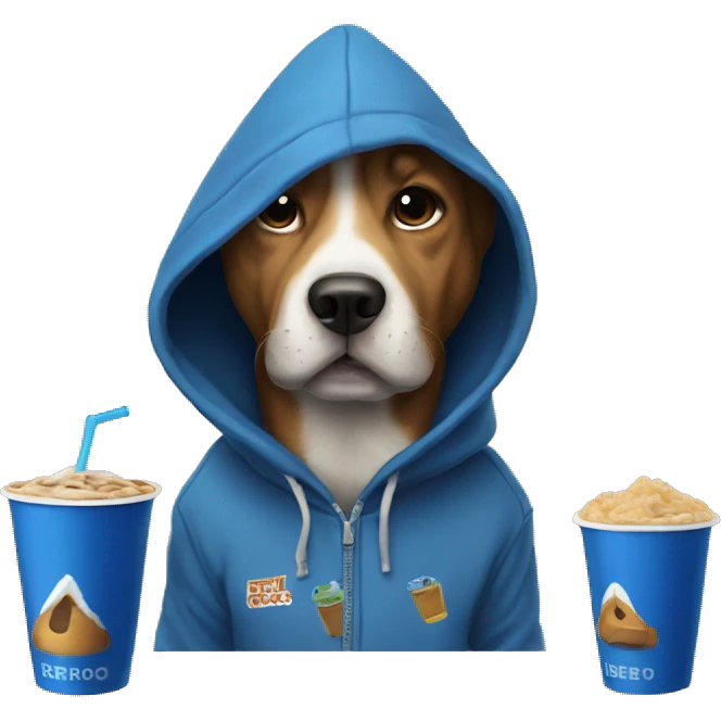 Make a dog wearing a hoodie drinking Dutch bros emoji