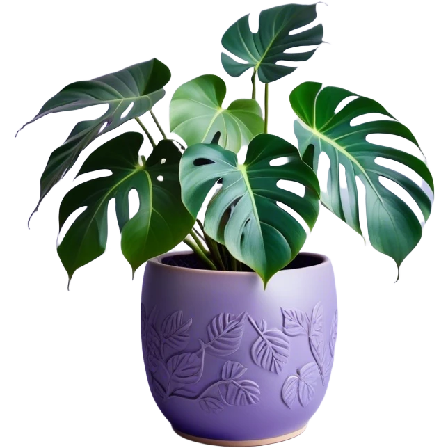 A stunning monstera plant with deep violet-green leaves, each leaf elegantly veined with subtle shades of purple, creating an ethereal glow. The plant is flourishing in a beautifully crafted lavender ceramic pot with intricate embossed floral patterns. The background features a softly blurred, moody violet gradient, enhancing the plant’s lush aesthetic. Delicate strands of ivy and tiny lavender blossoms cascade around the pot, adding depth and harmony. Soft, diffused lighting casts a gentle glow, emphasizing the plant’s unique coloration and creating a dreamy, artistic composition. emoji