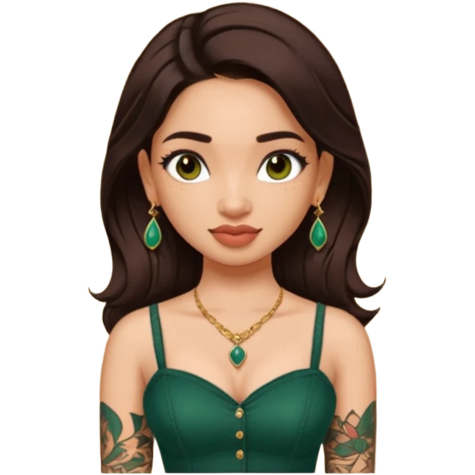 pretty bratz genmoji that looks like tamannah bhatia (bollywood actress), wearing a dark green sweetheart neckline top, dark brown hair, light makeup, no necklace, dangly earrings, side hair part, dark brown eyes, with full tattoos and neck tattoo emoji