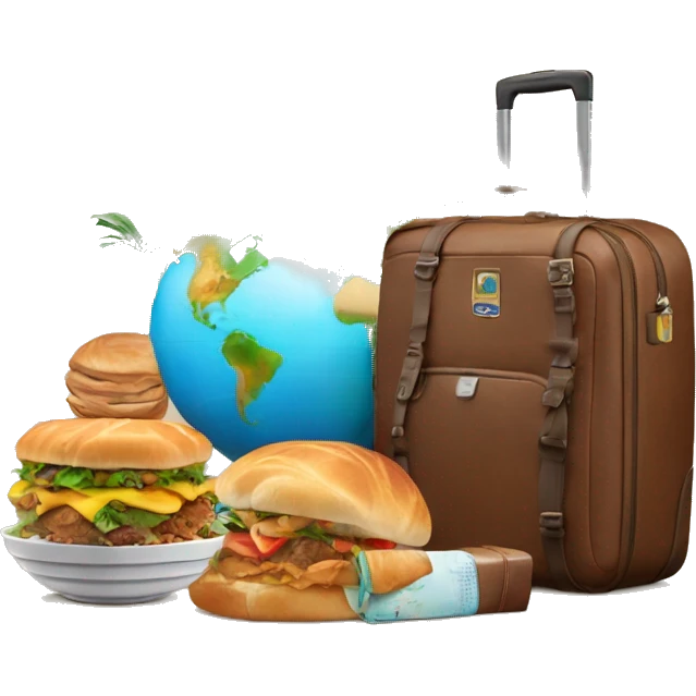 It represents the globe in the background, a travel bag, a paradise landscape and food. emoji