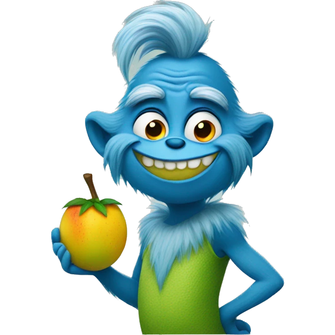 blue grinch holding a mango emoji