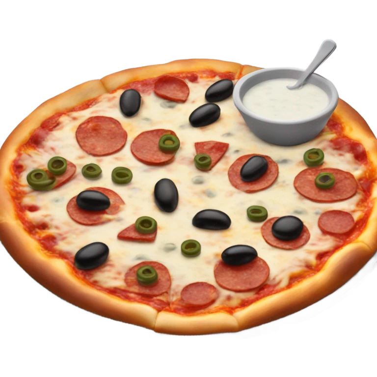 Pepperoni and olive pizza with a side of ranch emoji