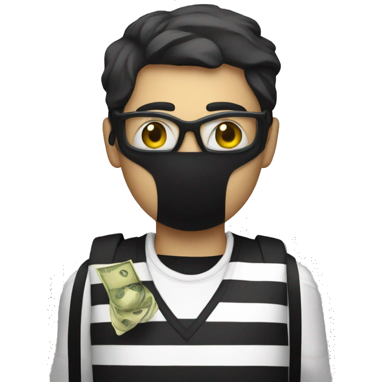Black and white striped shirt with money bag over shoulder and black mask on emoji