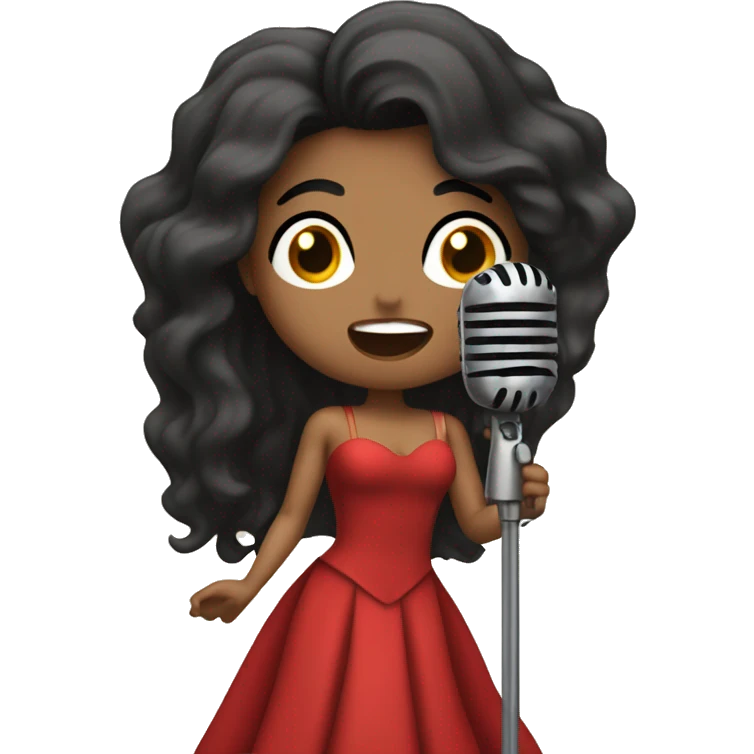 Singer with long dark hair and red dress singing with an old microphone emoji