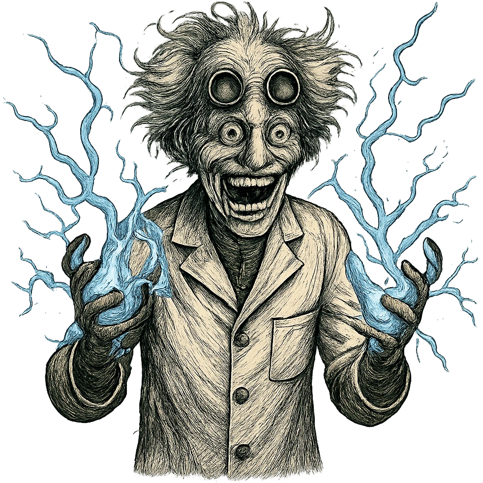 mad scientist going crazy, electricity crackling, wild grin emoji