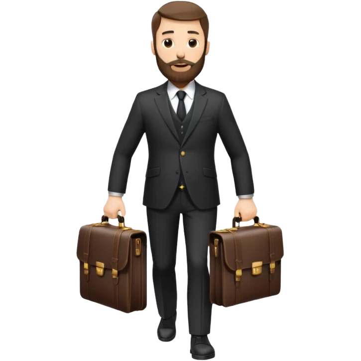 A handsome man, 40+ years old, with a thick beard in a black suit, fair skin, short stylish haircut, full-length photo, wearing an expensive watch, unusual pose, holding a briefcase emoji