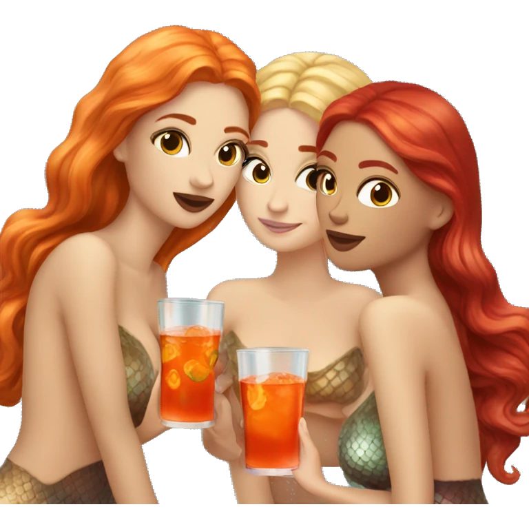 Three beautiful mermaids (one blond, one brown and one red hair) drinking aperol emoji