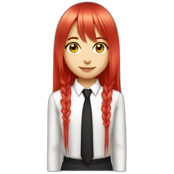 (gril) makima with long straight red or pink hair fringe, yellow eyes with a circle inside and a white shirt with long sleeve and black tie emoji