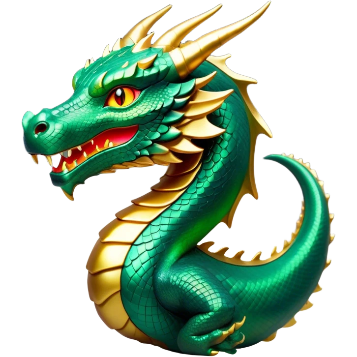 Cinematic Noble Dragon Portrait Emoji, Poised and majestic, with a sinuous, elongated build and shimmering, scale-covered skin in hues of emerald and gold, piercing, fiery eyes, Simplified yet sharp and sophisticated features, highly detailed, glowing with a mystical, radiant glow, high shine, intelligent and formidable, stylized with an air of ancient power, focused and attentive, soft glowing outline, capturing the essence of a watchful and legendary dragon that feels as though it could soar out of the screen with effortless authority! emoji