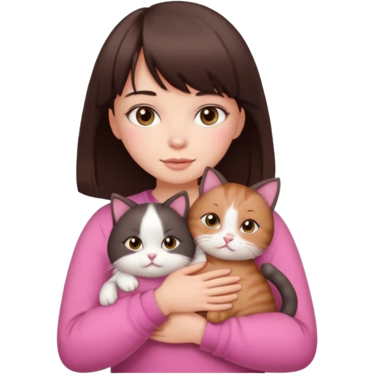 a cute white girl with bangs and straight dark brown hair, brown eye, light makeup wear a pink clothes hugs a cute chubby cat emoji