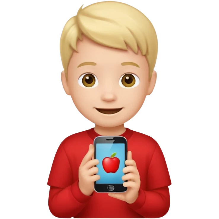 happy little kid with a phone, apple style emoji, wearing a red shirt, concise style typical of apple emojis emoji