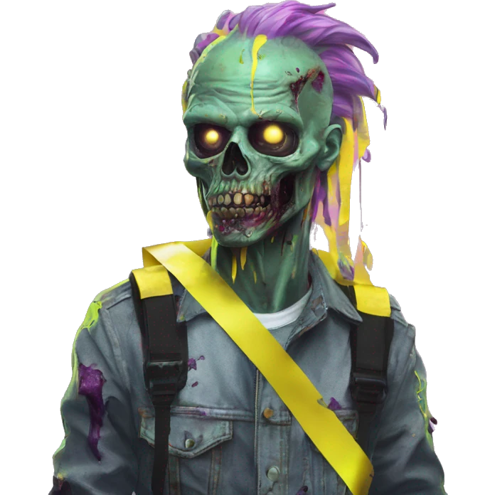 .Zombie_ with prosthetic vaporwave black holographic oilslick zombie unicorn yellow caution tape emoji