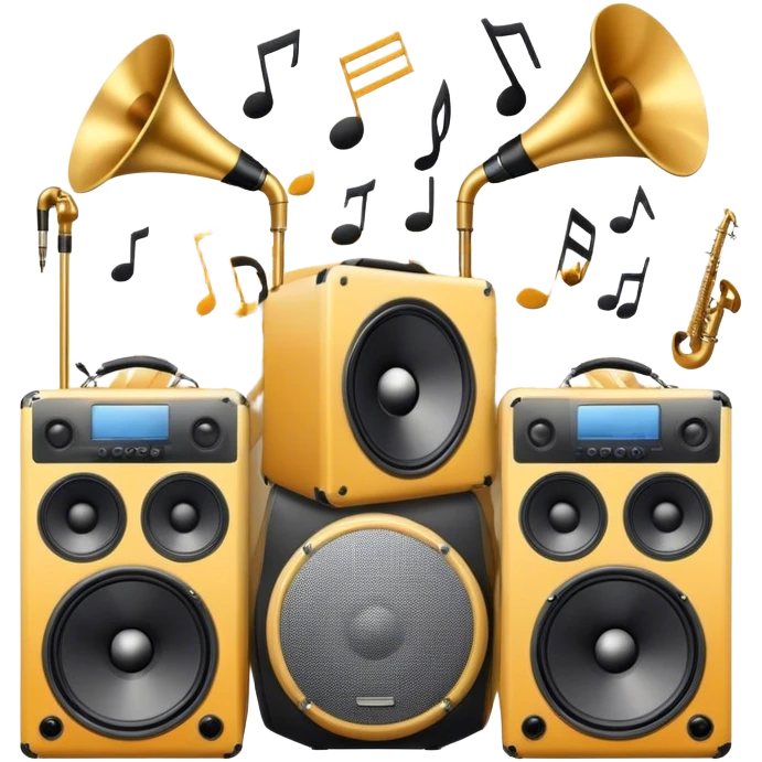 Icon for R&B Music Listening: large concert speakers and headphones with waves of musical notes coming out, along with drums, bass guitar and saxophone. The icon should convey the energetic and rhythmic vibe of R&B music. Transparent background emoji