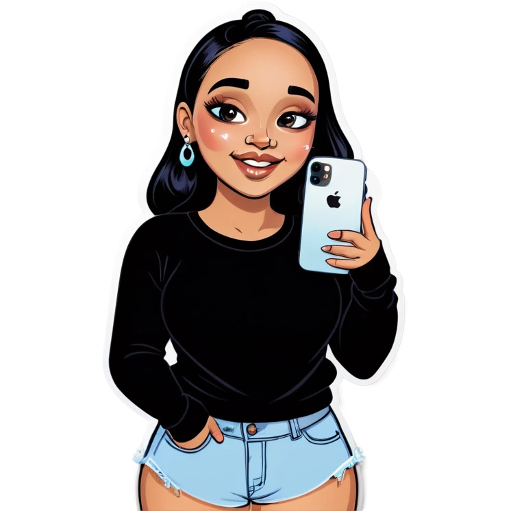 A shy slightly overweight beautiful girl with a diamond nose piercing holds her black iPhone  emoji
