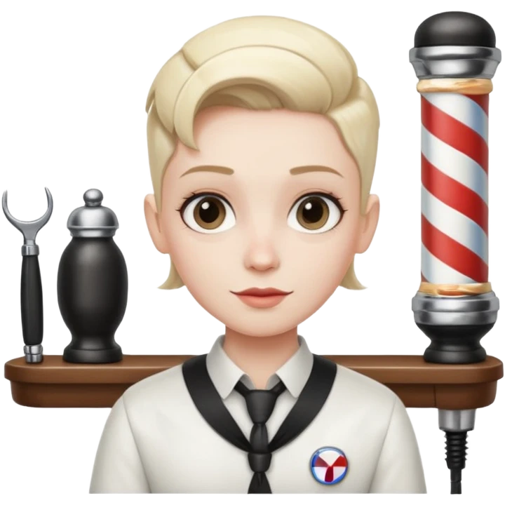 virtual assistant character in a small barber shop, with a barber pole in the background emoji