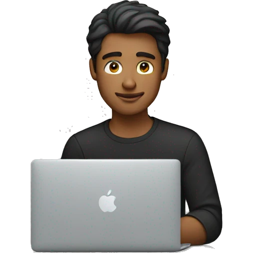 a guy wearing black shirt working behind a macbook emoji