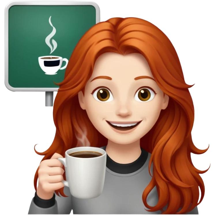 Excited long haired redhead drinking coffee with a sign in front saying GTSY emoji