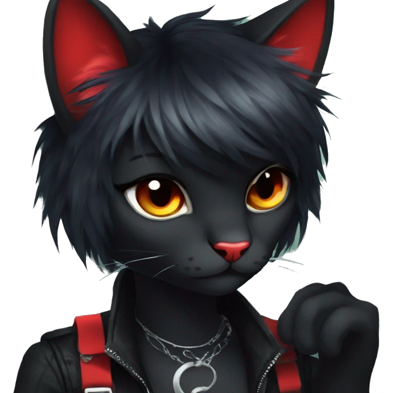 Anthro Edgy Cool Beautiful Black Cat-Fursona with Emo Hair-bangs with Red Streaks emoji