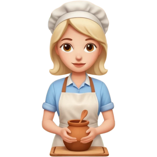 cartoon Apple iOS emoji style woman, pastel colors, Chilean wooden kitchen background, clay pots, warm light, detailed and clean vector art emoji