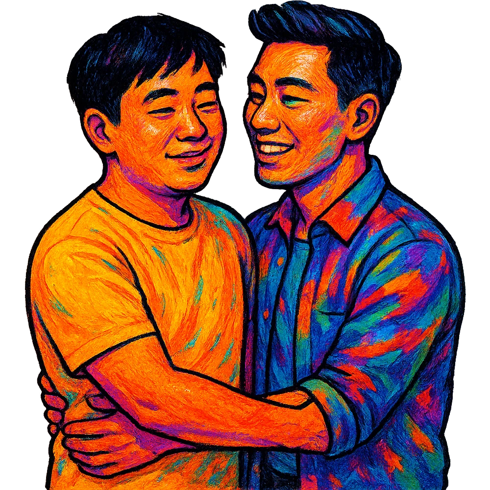 asian gay couple, different art style diverse vibrant emoji