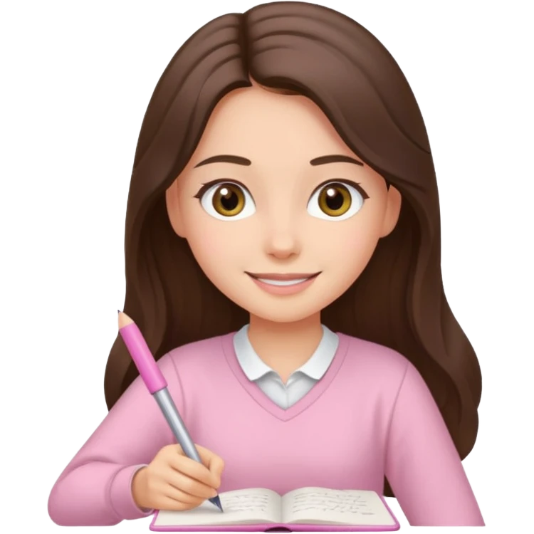 smiling long brunette hair girl hazel eyes wearing light pink clothes writing emoji