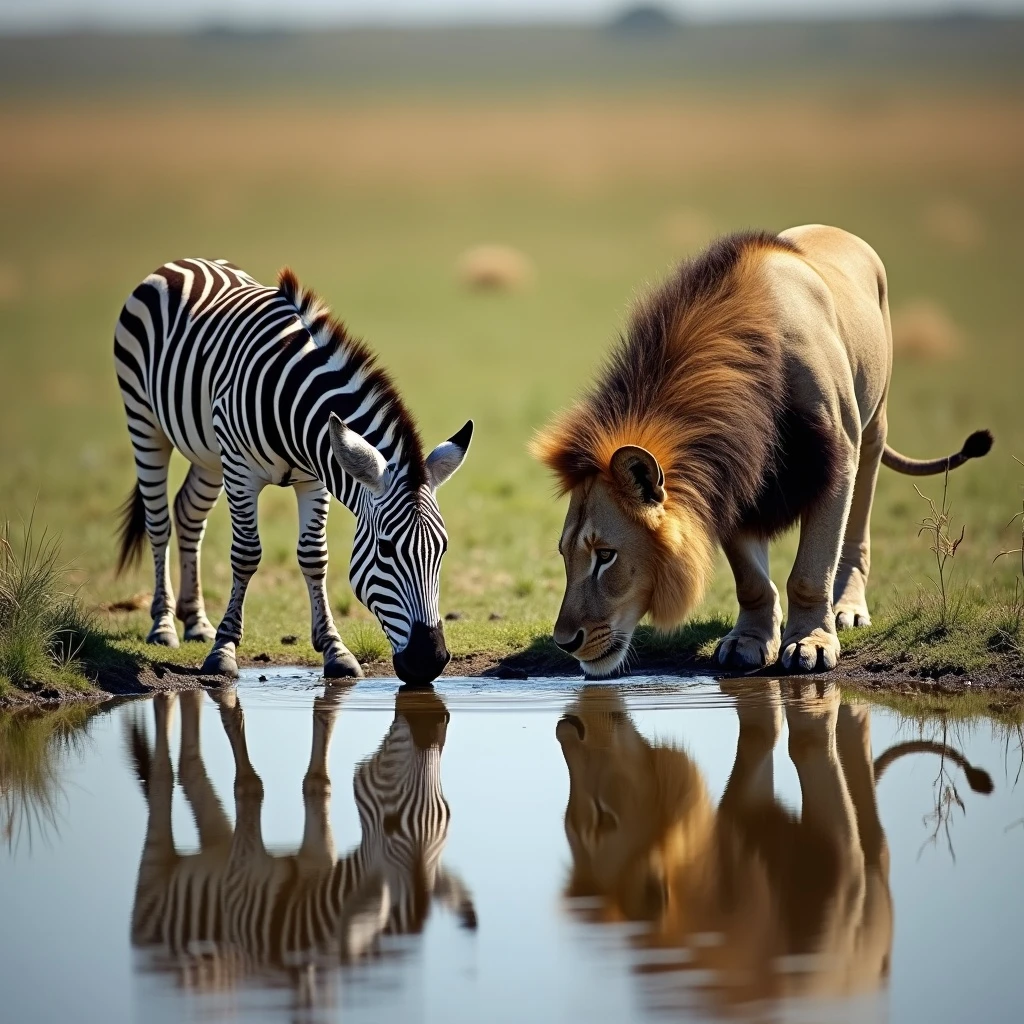 zebra and lion drinking water from pond emoji