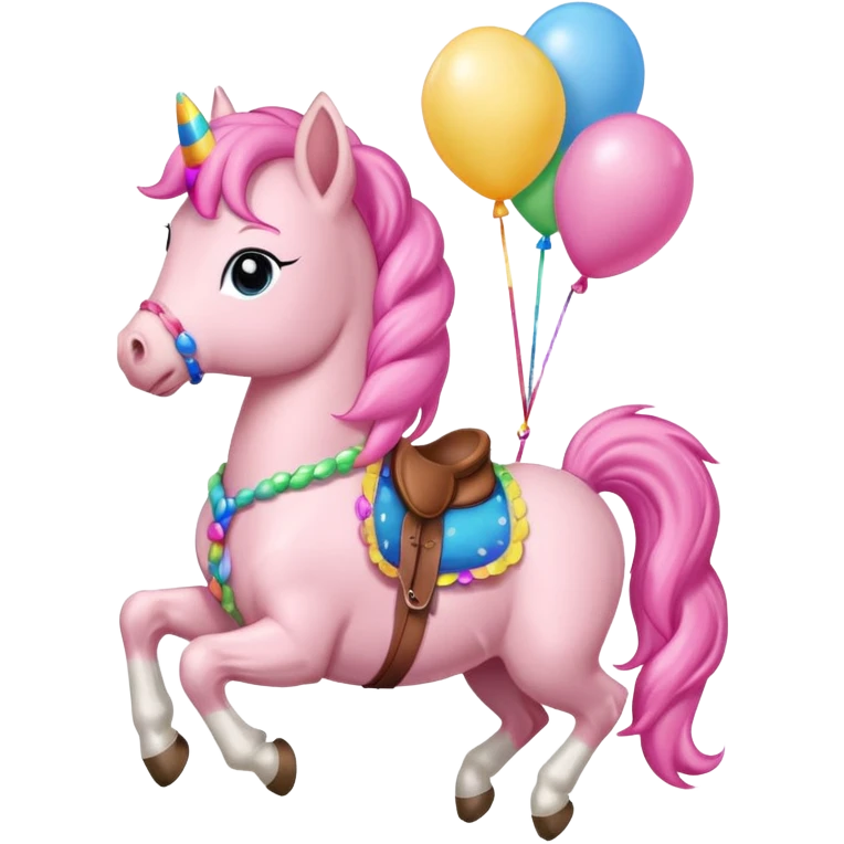 pinky pie mlp holding colorful balloons tied to its saddle, looking cheerful. emoji
