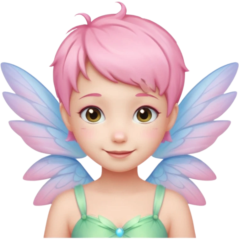 A tiny pastel fairy with pink short hair with glowing wings and a sweet smile  emoji
