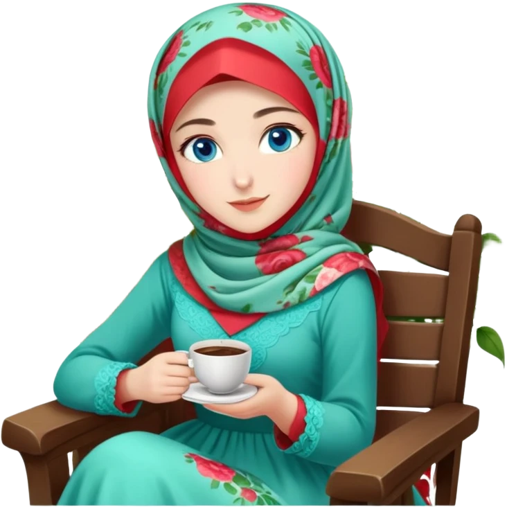 Turkish beautiful finish Konya girls blue eyes with Beautiful light red green floral hijab long tail dress and in a lovely garden sits on the chair on the ground and holds cup coffe with her hand  emoji