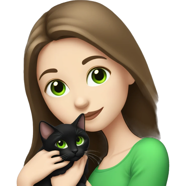 pale brunette girl with long brown hair with bright green eyes holding black cat emoji