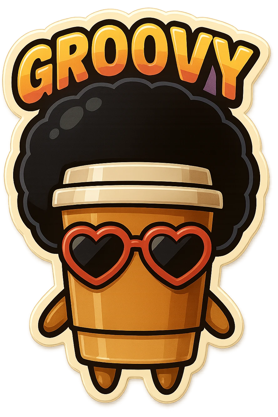Tall coffee cup, no mouth, afro, heart glasses, giant groovy sign emoji