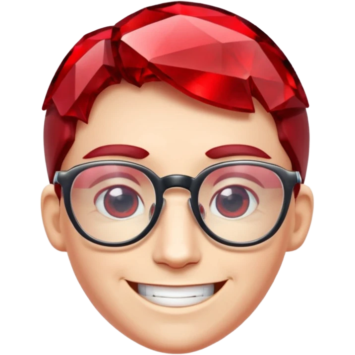 A single red crystal gemstone character wearing glasses,  irregular with faceted very sharp sides, smile, , high detail, emoji