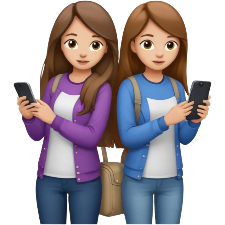 two brown haired girls, looking professional maybe leaned on each others back and looking forward and using phones, with long hair and with some cute clothes without ties, one girl can hold lap top another one can hold the phone emoji