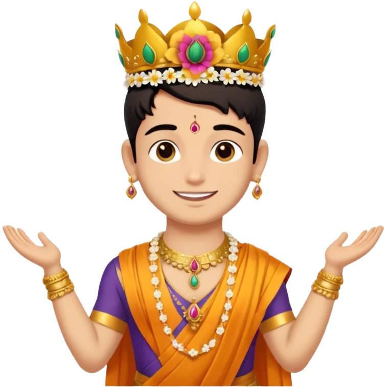 Brahmin boy is thanking to the bharatanatyam dancer. She is in lordess padmavati with golden crown and giant flower garland on her neck. The girl is fat and tall the boy is small. emoji