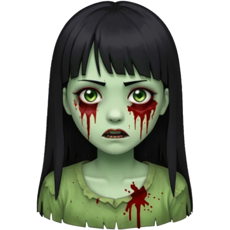 Emoji de uma garota com os cabelos longos, lisos e pretos. Ela usa uma franja curta que cobre toda a sua testa. Tem a pele esverdeada e ferimentos no rosto cobertos com sangue, usa uma blusa branca rasgada e suja de poeira. Ela é uma zumbi emoji