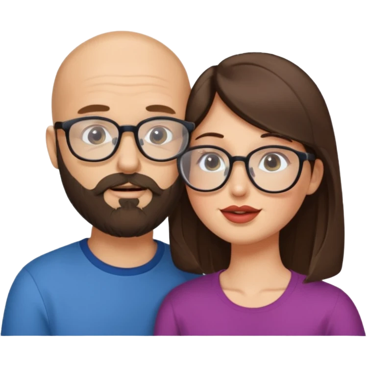 Bald man with beard kissing brunette floppy hair twink women with eyeglasses emoji
