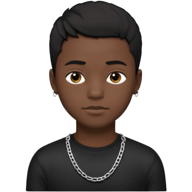 Generate a emoji of a black boy with dark skin, wearing a black compressed T-shirt, with short 4C black hair and make him wearing a silver chain, and make the chain thin emoji