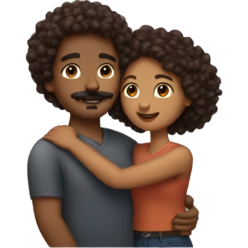 Couple hug brown skin curly hair woman man with mustache emoji