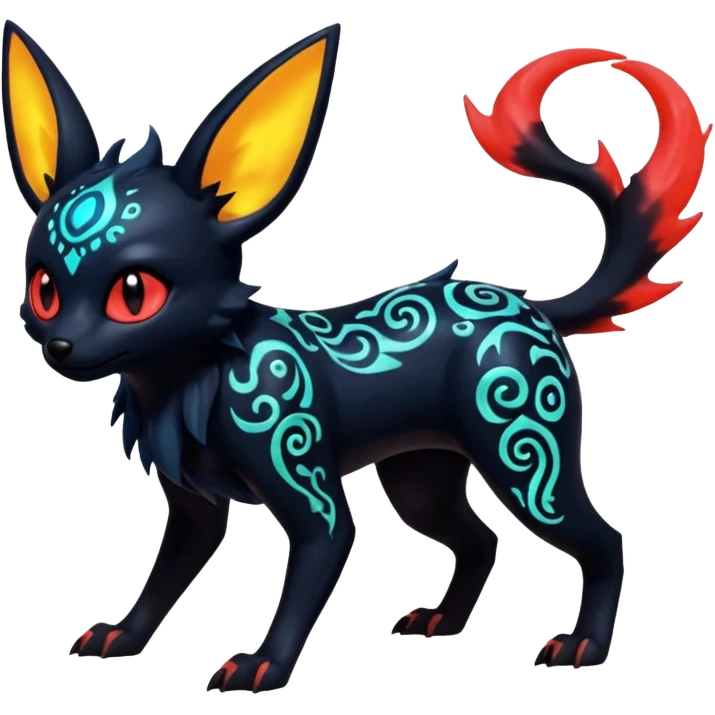 Shiny Fiery Dark Glowing Eldritch Horror Cool Edgy Badass Emo Glorious Demonic Batty Punky Aural Iridescent Fluorescent Bioluminescent Umbreon-Amaura-Salandit-Litten-Flareon-Fakémon-fusion (full body) with intricate pattern markings emoji